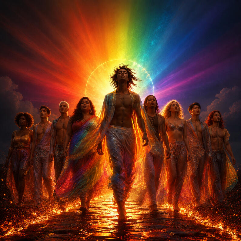 Fire Walk image of a diverse community walking over a road of fire with a magnificent rainbow radiating outward from behind them.